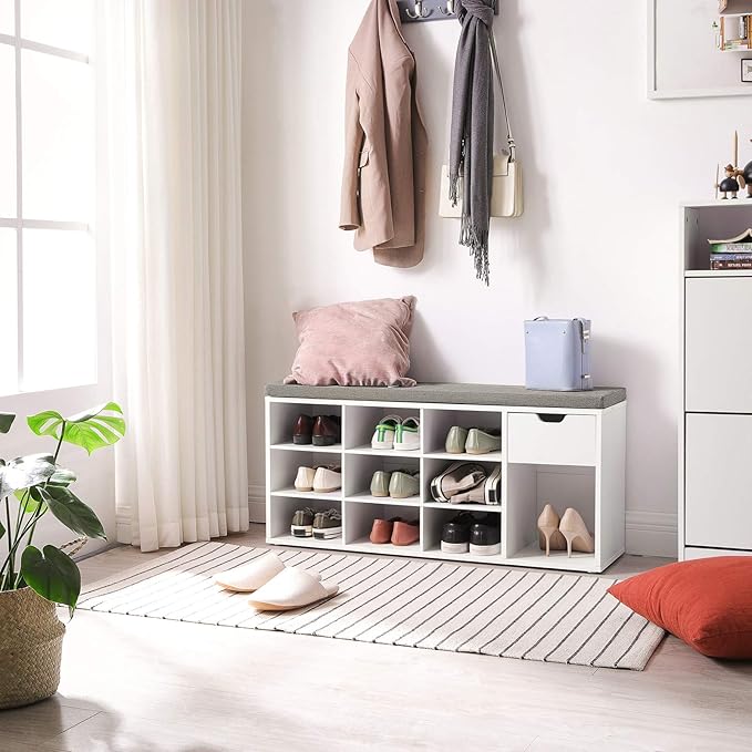 VASAGLE CUSTOS Collection - Storage Bench, Entryway Bench with Cushion, Drawer and Open Compartments, Bench with Storage, Living Room, Bedroom, Closet, White and Gray ULHS24WT