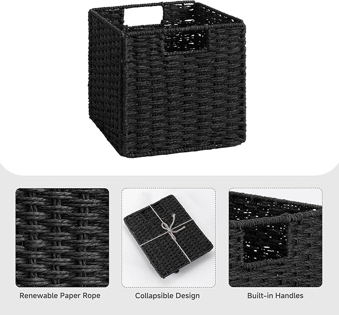 StorageWorks 9 inch Wicker Storage Cubes, Handwoven Wicker Baskets for Storage, Square Cube Basket, Foldable Paper Rope Basket for Organizing, Black, 2 Pack