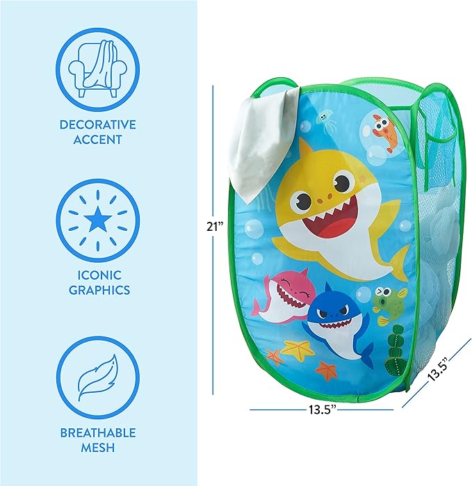 Baby Shark Pop-Up Hamper,Kids Laundry Storage Bin with Durable Carry Handles, 21" x 13.5" x 13.5" Collapsible Organizer