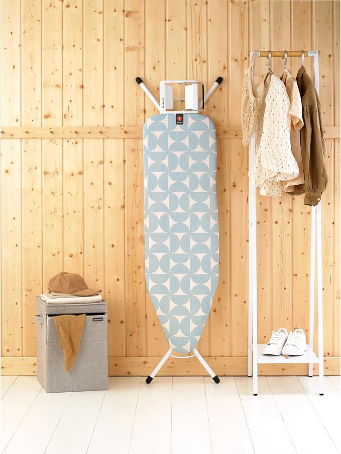 Brabantia Size B Ironing Board (49x15 in) 7 Height Options, Adjustable Steam Iron Rest Holder (Fresh Breeze) Non-Slip Feet, Anti-Collapse Child Locks