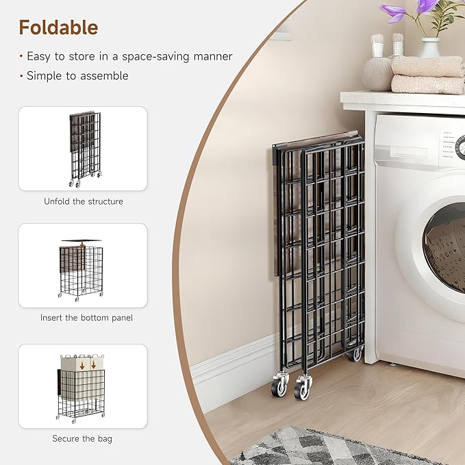 Laundry Basket with Wheels, Heavy Duty Laundry Sorter 2 Sections, 120L (32Gal.) Large Capacity Laundry Hamper with Wood Lid, 360 Rolling Wheels, Extra Side Pocket, Leather Pull Handle (Beige)