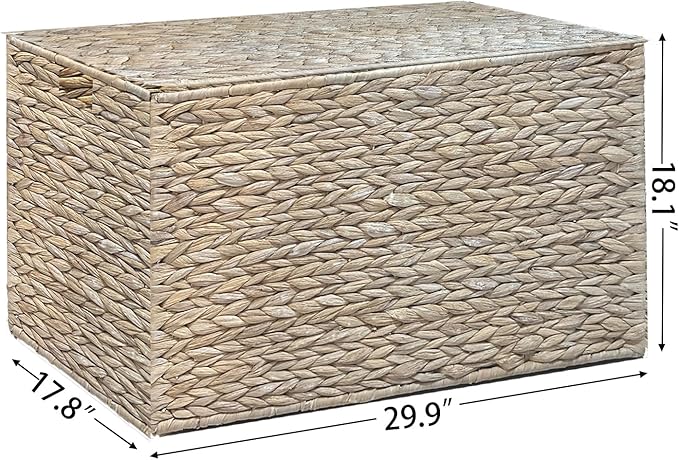 Water Hyacinth Storage Basket with Lid, 42.3 Gallon (160L) Wicker Storage Trunk with Handles, Handwoven Wicker Storage Basket for Blanket, Foldable, for Living Room, Laundry Room, White