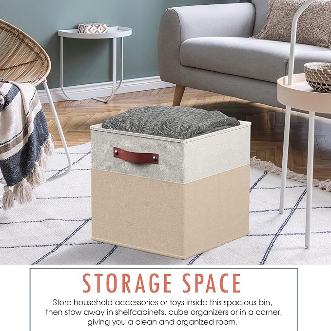 Ornavo Home 13 x 13 Storage Cube Bins, Foldable Collapsible Fabric Storage Bins Box Linen Shelf Basket Cube Organizer for Closet with Leather Handles, 6 Pack, White/Khaki