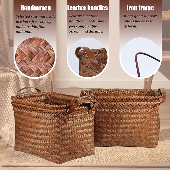 BROWNLILY Handwoven Clothes Basket Laundry Hampers Large Wicker Storage Baskets for Shelves Blankets Closet Storage Bins Car Bedroom Bathroom Organizers and Storage Bath (9, Brown)