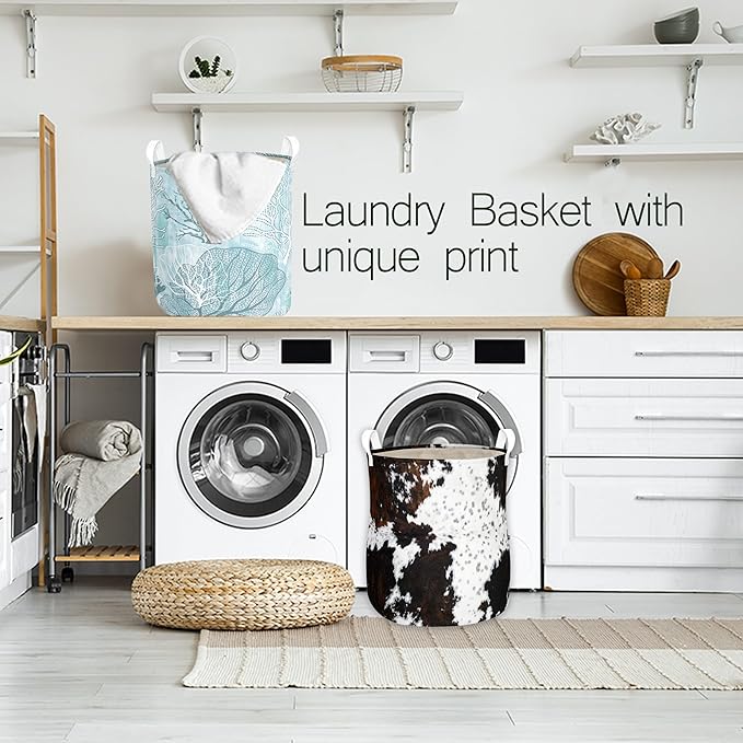 Highland Cow Laundry Basket with Lining Cowskin Printed Boys Girls Laundry Hamper for Clothes Storage Toys Bin Brown and White Cow Home Decor (Bull, 43L)