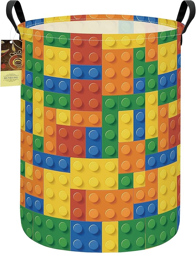 HUNRUNG Laundry Hamper,Large Canvas Fabric Lightweight Storage Basket Toy Organizer Dirty Clothes Collapsible Waterproof for College Dorms（Round-Colorful Blocks）