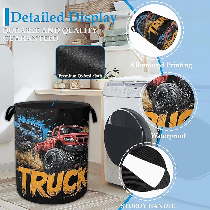 Trucks Laundry Basket Collapsible Laundry Hamper Clothes Toy Storage Bin for Bathroom Bedroom Room Decor 16" X 20.8"