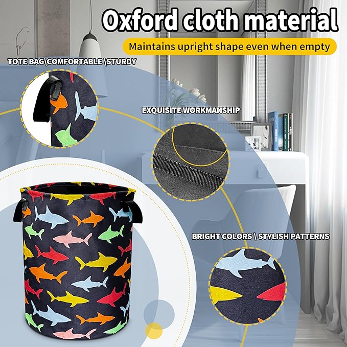Colorful Shark Laundry Basket Cartoon Pictures Foldable Oxford Cloth Funny Tote Bag Laundry Hamper Clothes Storage Bucket Toy Organizer For Bathroom/Laundry Storage/Bedroom 18.9x16.5 In