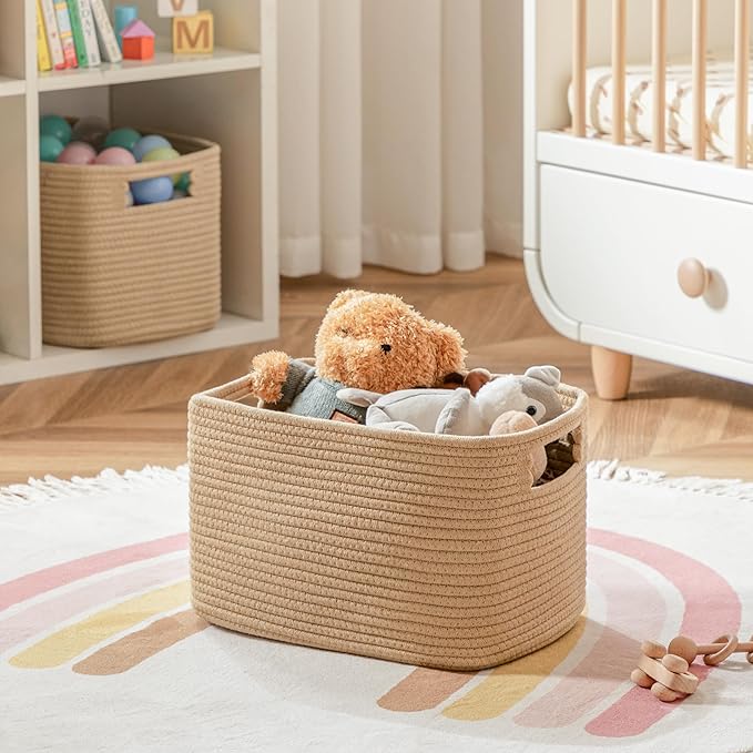 UBBCARE 2 Pack Storage Baskets for Organizing, Shelf Baskets with Handles, Woven Storage Baskets for Bookcase/Cube Shelf/Closet, 14.5"L x 9.8"W x 9"H, Brown