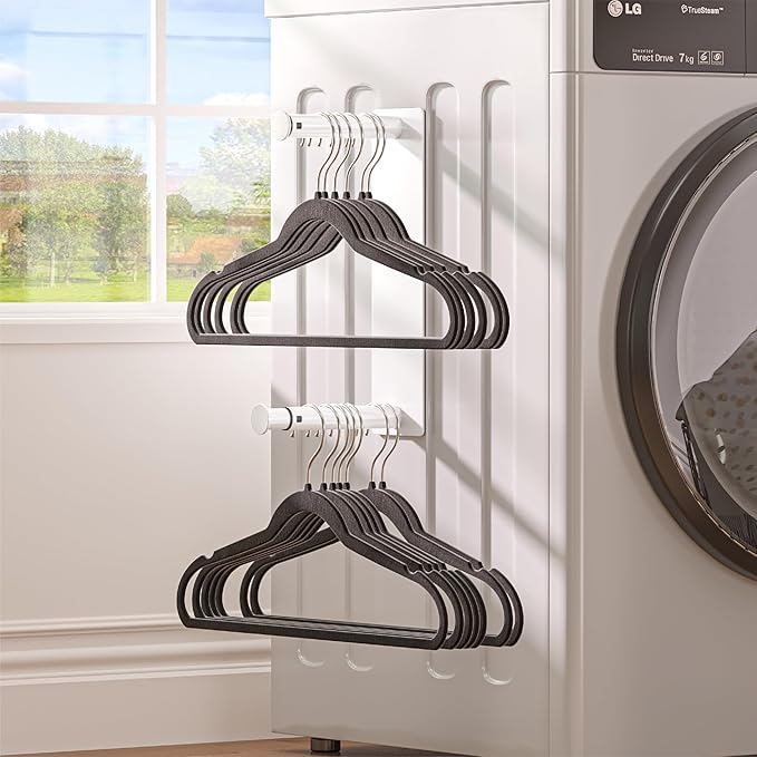 Hanger Organizer Stacker, Magnetic Hanger Holder, Retractable Hanger Storage Rack for Laundry Room Organization, Washing Machine and Dryer, Holds 50 Velvet/Wire/Plastic Hangers (White)