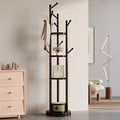Solid Wood Coat Rack Freestanding, Rotating Coat Rack with 3 Shelves and 9 Hooks, Coat Tree for Bedroom, Entryway, Livingroom, Coat Hanger Stand for Coats, Scarves, Handbags (Brown)