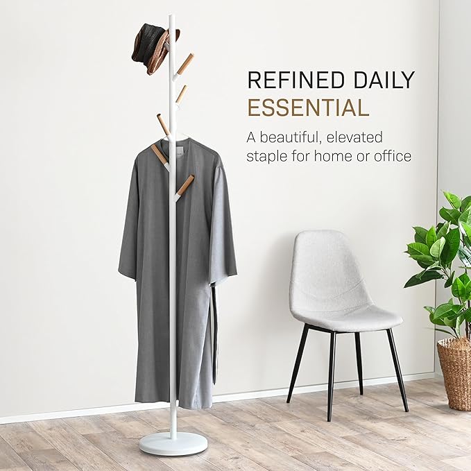 YAMAZAKI Home Freestanding Coat Rack Stand – Modern Coat Tree With Wooden Hooks, Standing Coat Hanger For Entryway, Sturdy Weighted Base, Steel, White, Easy Assembly, 70" - Steel