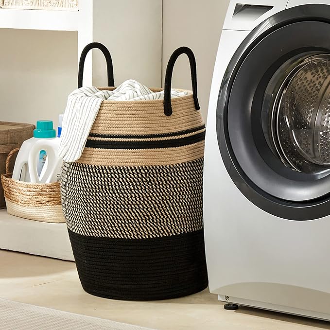 105L Extra Large Laundry Hamper Basket by Fiona's magic, Woven Tall Clothes Hamper for Storage Blanket, Toys and Dirty Cothes in Bedroom and Living Room Organizer, Brown & Black