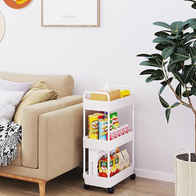 Buzowruil Rolling Storage Cart 3 Tier Organizer Mobile Shelving Unit Storage Rolling Utility Cart with Wheels for Kitchen Bathroom Laundry,White