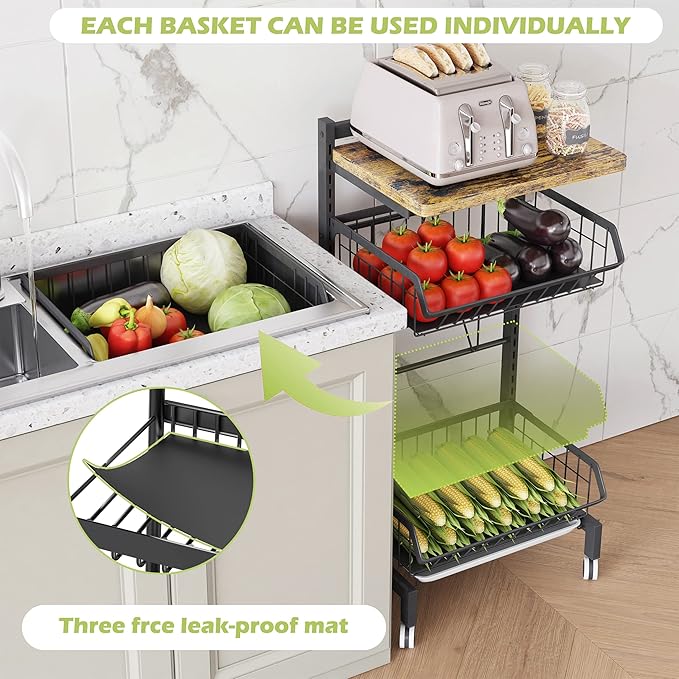 COVAODQ Fruit Basket 4 Tier Adjustable Fruit Vegetable Basket Cart Metal Wire Storage Cart Rolling Pantry Utility Kitchen Cart