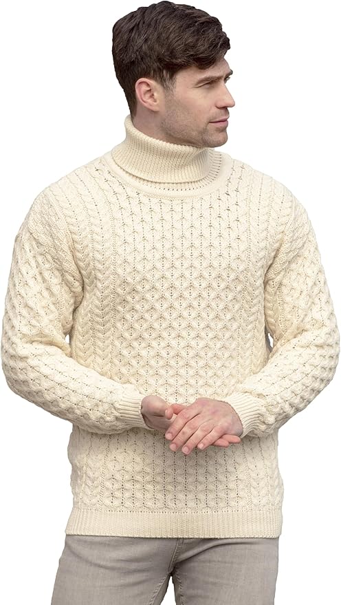 Aran Crafts Unisex Irish Cable Knitted Soft Roll Neck Sweater (100% Merino Wool)