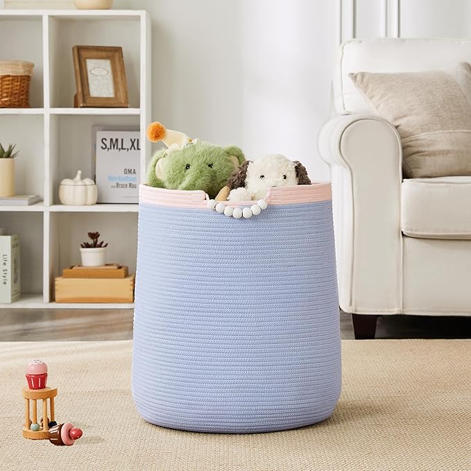 65L Blue Woven Rope Laundry Hamper Basket for Clohtes Boho Tall Rope Baskets for Blanket Large Baby Nursery Hamper for Girls Kids 16"Wide 19"Tall