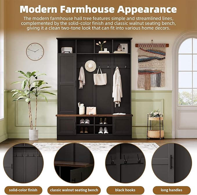 Versatile 3-in-1 Hall Tree with 6 Hooks, Farmhouse Walnut Storage Bench with Adjustable Shelves, 55" W Entryway Coat Rack with Multiple Storage Space for Mudroom, Living Room (Black-7)