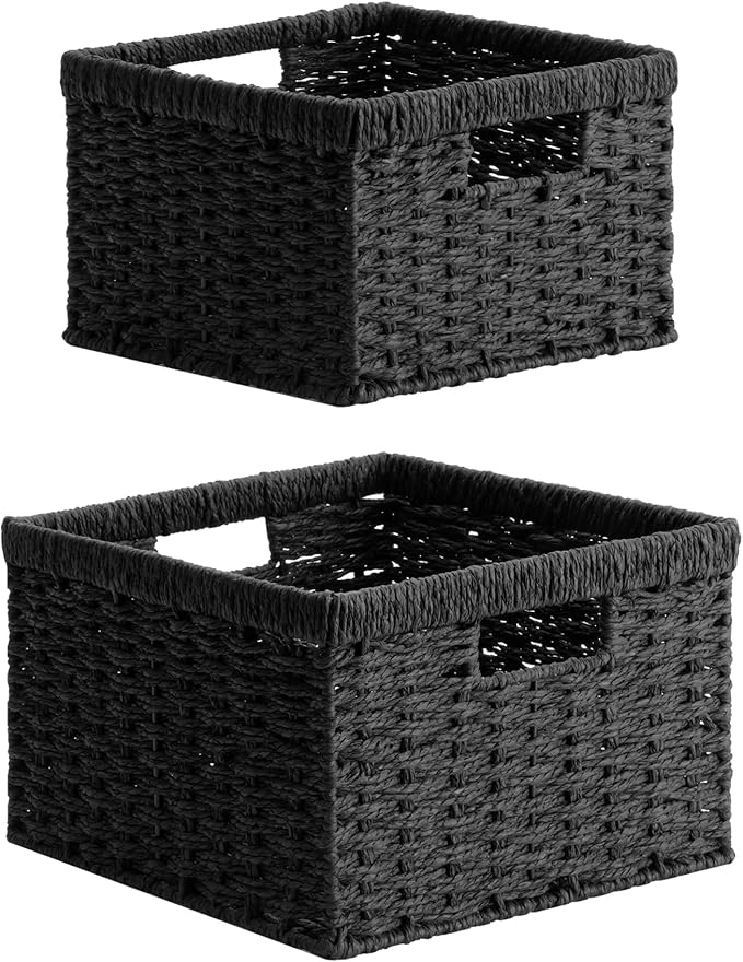 StorageWorks Wicker Basket with Handle, Wicker Storage Baskets for Organizing, Decorative Storage Baskets for Shelves, Paper Rope, Black, 2-Pack