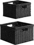StorageWorks Wicker Basket with Handle, Wicker Storage Baskets for Organizing, Decorative Storage Baskets for Shelves, Paper Rope, Black, 2-Pack