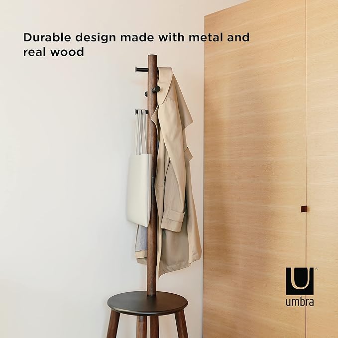Umbra Pillar Coat Rack, Stool, Clothing Organizer, Umbrella Holder and Hat Organizer, Great for Entryway, Black/Walnut