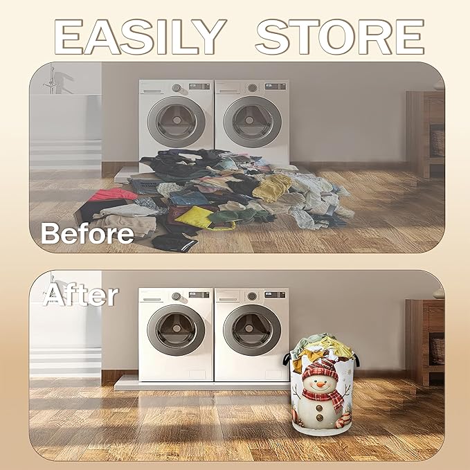 Christmas Snowman Laundry Hamper,Gold Snowflake Ornaments Clothes Hamper for Laundry,Waterproof Oxford Toy Storage Collapsible Hampers for Bedroom, Dorm Room,Bathroom,16x20 Inch