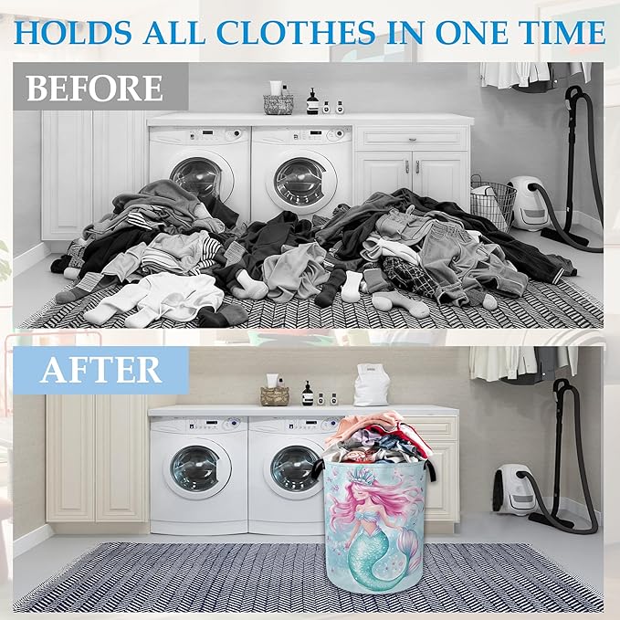 Cartoon Mermaid Laundry Basket Collapsible Laundry Hamper Clothes Toy Storage Bin for Bathroom Bedroom Room Decor 16" X 20.8"