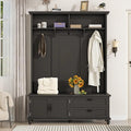 80.3” Tall Hall Tree with Cabinet and 2 Large Drawers, Modern Wooden Coat Hanger with 5 Coat Hooks and 2 Open Shelfs, Storage Bench, Entryway Bench (Black-Storage Cabinet)