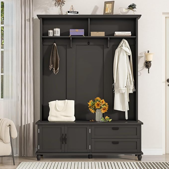 80.3” Tall Hall Tree with Cabinet and 2 Large Drawers, Modern Wooden Coat Hanger with 5 Coat Hooks and 2 Open Shelfs, Storage Bench, Entryway Bench (Black-Storage Cabinet)