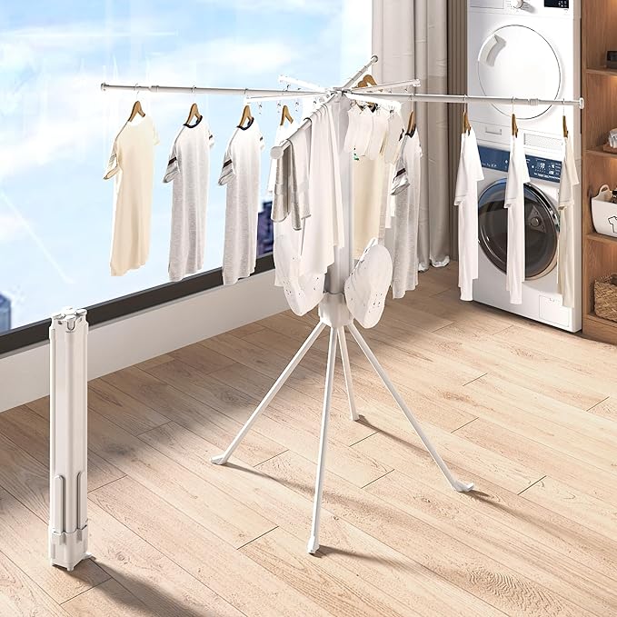 Four-Legged Clothes Drying Rack, Foldable & Collapsible Laundry Drying Rack, Drying Rack Clothing with Sock Clips & 4 Shoe Holders, Space-Saving Rack for Indoor and Outdoor Use