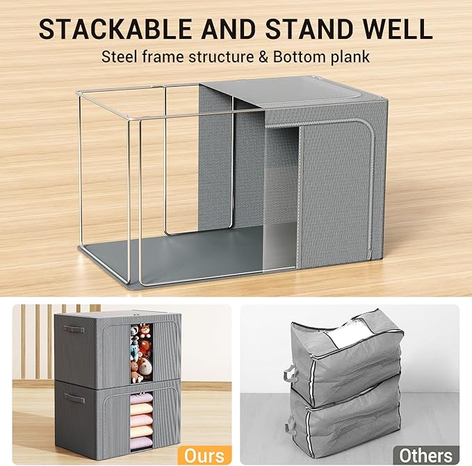 Clothes Storage Bins with Metal Frame Foldable Storage Box Clothes Organizers Storage Containers for Clothes Sheets Blankets Books Toys Gifts and Holiday Decorations (24Lx3 Pack) Deep grey