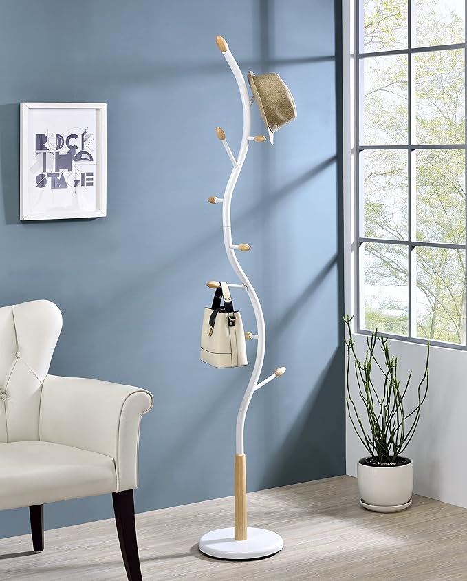 Roundhill Furniture Arles Metal Whtie and Oak Standing Coat Rack