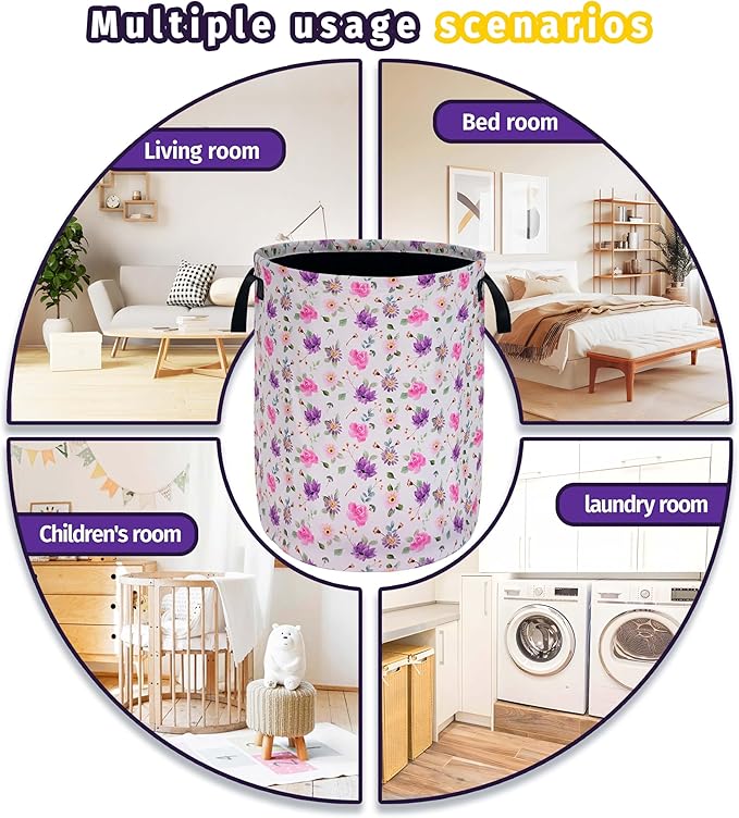 Pink Purple Flowers Laundry Basket Foldable Oxford Cloth With Handle Portable Colorful Storage Basket Organizer Suitable For Laundry Room/Bedroom/Living Room/Children'S Room (18.9 X 16.5 Inch)