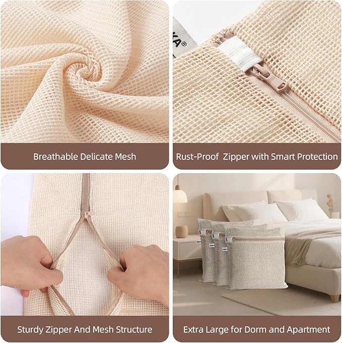 100% Cotton Mesh Laundry Bags, Premium Soft, No Dye, Natual,Set of 3(XXL)