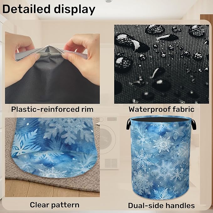 Winter Laundry Basket, Snowflakes Laundry Hamper, Heavy Duty 60L Dirty Clothes Organizer, Water Resistant Foldable Hamper for Men Women