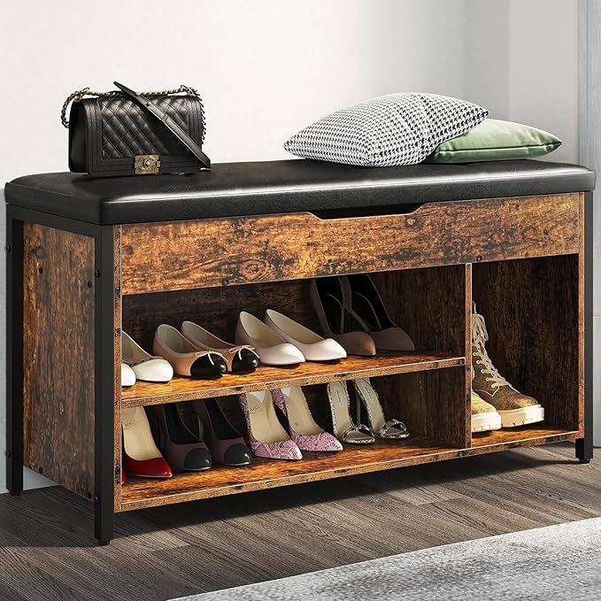 Shoe Bench, Lift Top Shoe Storage Bench, Adjustable Shelf Entryway Bench, Metal and Wood Shoe Rack Organizer with Cushion for Entry, Bedroom, Closet, Living Room, Hallway (Brown, 39.5)