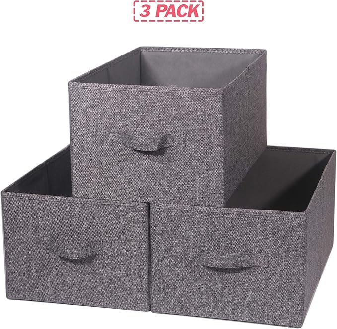 Set of 3 Closet Organizer Bins with Handle, Fabric Foldable Storage Baskets Cloth Box Containers for Shelves Home Office Clothes Clothing