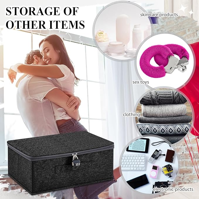 Discreet Lockable Toy Bag Storage Organizer Toy Bag Storage Bins Case with Zipper Lid for Women and Men Clothes Container(Black,15 x 10 x 6.3 Inch)
