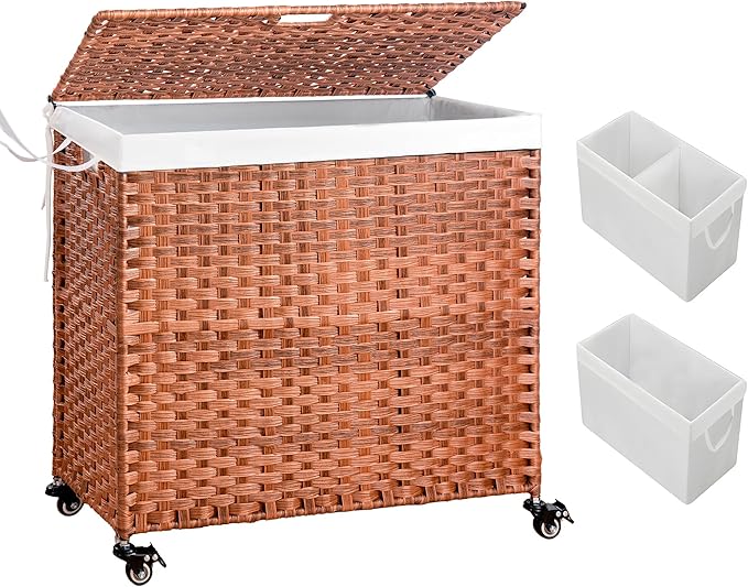 HYCHIKA Laundry Hamper with Lid and Wheels, 42.26 Gallon (160 L) Wicker Laundry Basket with Removable Bags and Handles, 2 Sections Woven Clothes Basket for Bedroom, Bathroom (27.6" * 13.4" * 26.4")
