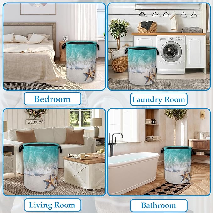 Sea Beach Starfish Laundry Basket Collapsible Laundry Hamper, Oxford Cloth Storage Bin for Room/Bathroom/Bedroom/Dormitories 16" X 20.8"