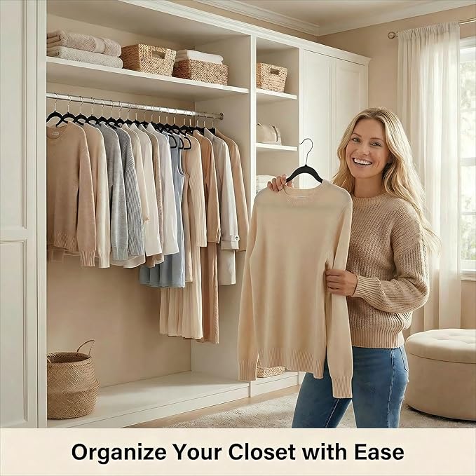 HOUSE DAY Black Plastic Hangers 50 Pack - Heavy Duty Non-Velvet Hangers with 360° Swivel Chrome Hook & Non Slip Notches - Slim Space Saving Clothes Hangers Ideal for Coats Shirts Jackets Dresses
