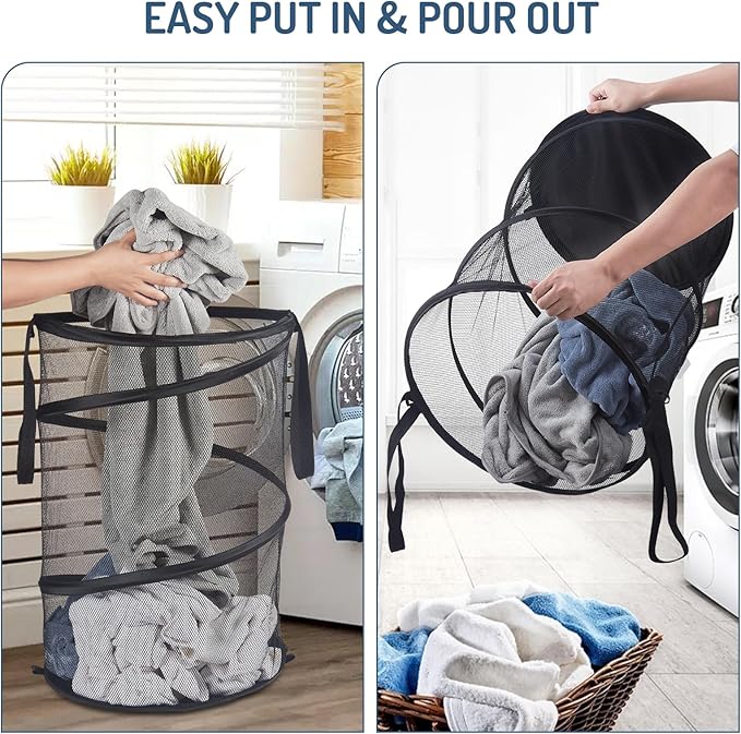 Seiritex 2Pcs Mesh Popup Laundry Hamper 115L Extra Large Collapsible Laundry Basket Foldable Clothing Storage Basket with Handles No Lid 26 H x 18 W x 18 L (Black)
