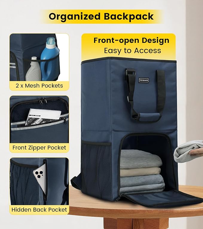 Vorspack Laundry Bag Backpack - Extra Large Laundry Bags with Shoulder Straps Heavy-duty 2 in 1 Laundry Hamper Basket for College Dorm Camp Laundromat Room Essentials - Blue