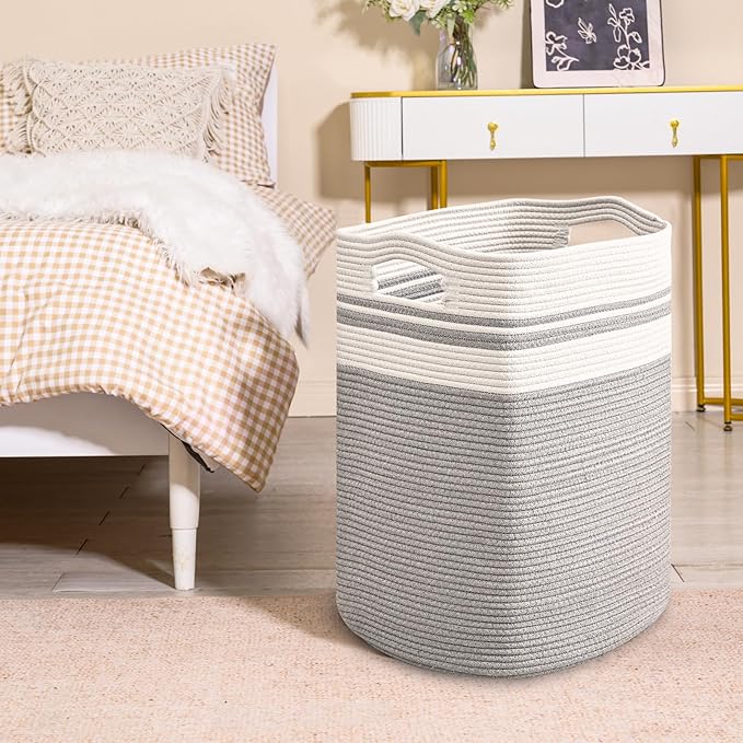 78L Laundry Hamper, Woven Rope Tall Laundry Basket with Handles, Decorative Blanket Basket for Bedroom, Bathroom, Collapsible Baskets for Toys, Clothes, 16”x14”x22”, White & Grey