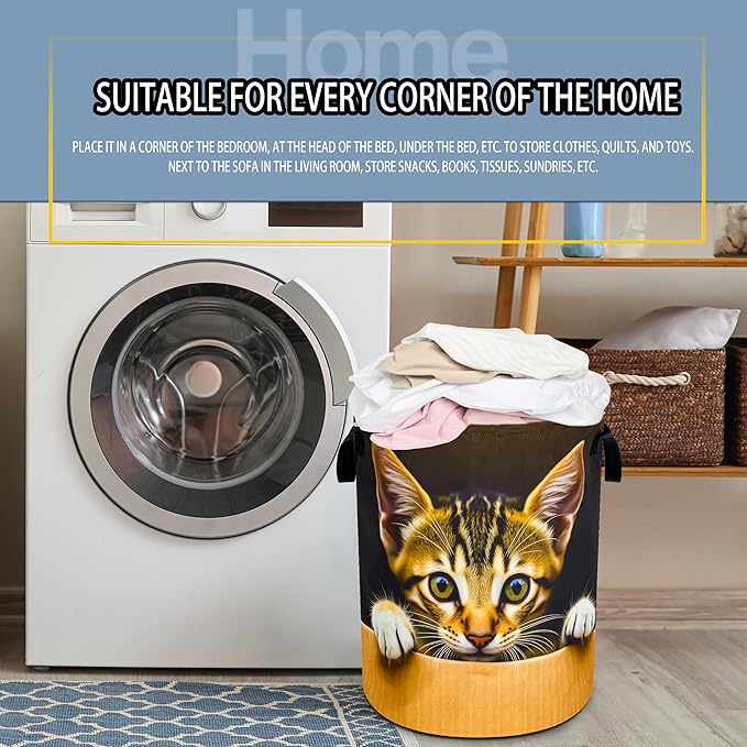 Cute Cat Laundry Basket Pet Animal Foldable Waterproof Oxford Cloth Funny Tote Bag Laundry Hamper Clothes Storage Bucket Toy Organizer For Bathroom/Laundry Storage/Bedroom 18.9x16.5 Inch