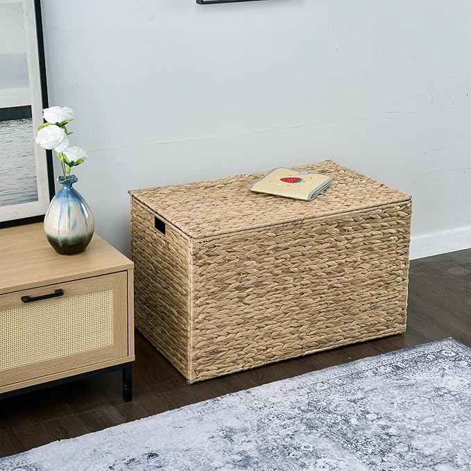 Water Hyacinth Storage Basket with Lid, 42.3 Gallon (160L) Blanket Storage Basket with Handles, Woven Storage Bin, Foldable, Metal Frame, for Bedroom, Laundry Room, Natural