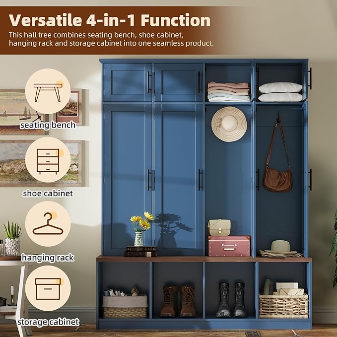 75" H Farmhouse Hall Tree with Storage, Versatile 4-in-1 Coat Hanger with 4 Hidden Hanging Hooks, 8 Doors, Entryway Shoe Cabinet with Open Compartments for Living Room
