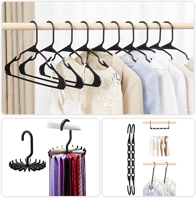 VECELO 25 Pack Plastic Hangers-Clothes Hangers with Shoulder Non Slip Notches,Clothing Hangers for Closet Space Saving-Heavy Duty Coat Hanger,Black