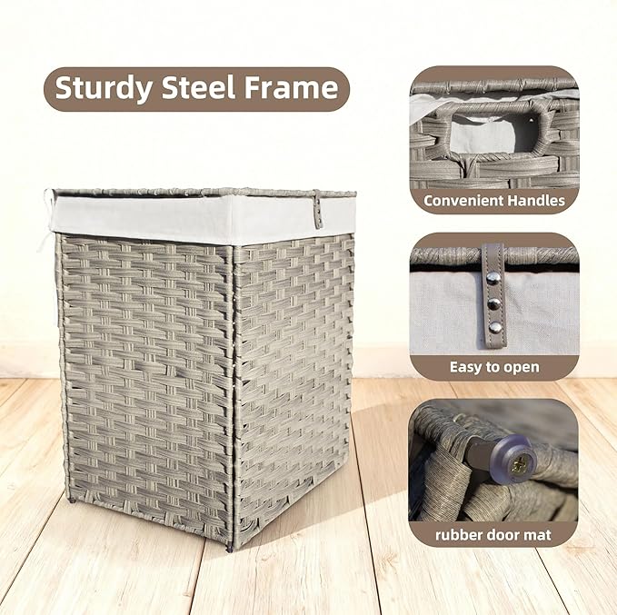 Wicker Laundry Hamper with Lid,34 Gal(130 L) Rattan Laundry Basket 2 Sections with Lid, Removable Machine Washable Line, Large Clothes Hamper with Handles for Bathroom Bedroom, Gray