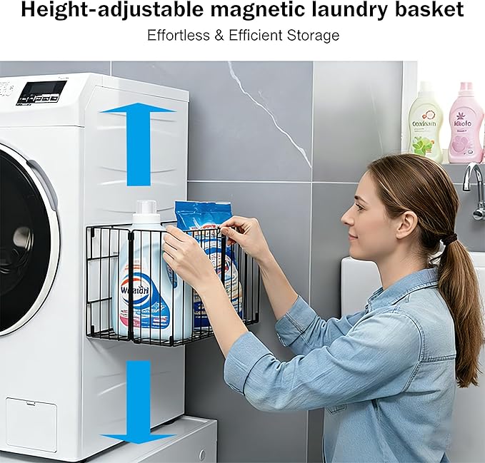 Magnetic Collapsible Laundry Basket, Foldable Metal Laundry Hamper for Washing Machine Side, Space Saving Pop Up Hamper, Laundry Room Organization and Storage (Black)